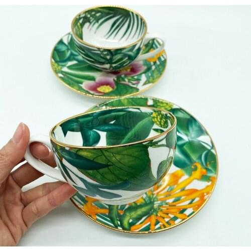 Elegant bone china cup multi-style simple ceramic coffee cup and saucer dish with pattern set 2 set with box