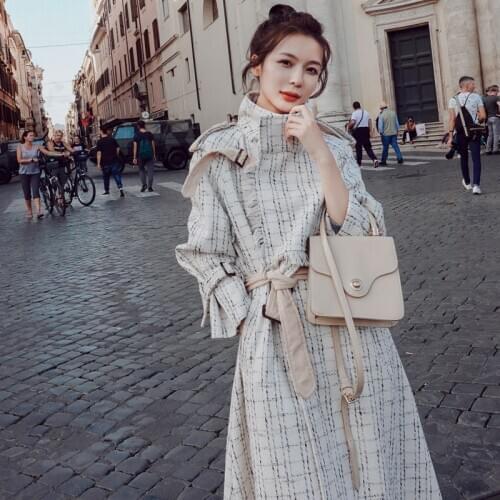 Elegant Woman Overcoat Tweed Grid Korean Outwear Womens Trench Coat Over the Knee Long Coats Female Large size windbreaker