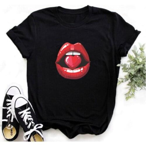 Red Mouth Lip T Shirt Women Girl Black Tshirt Summer Funny Leopard Top Graphic Tee Shirt 2021 NewVogue Harajuku Femme T Shirts