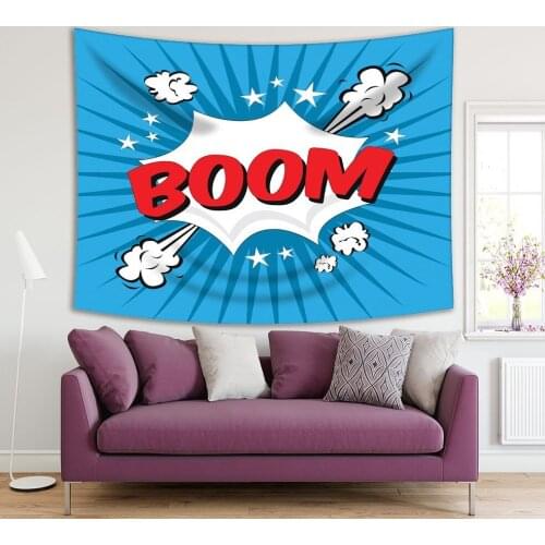 Tapestry Boom Explosion Red and White Comics Icon over Blue Background Nostalgic Pop Art Cartoon Printed