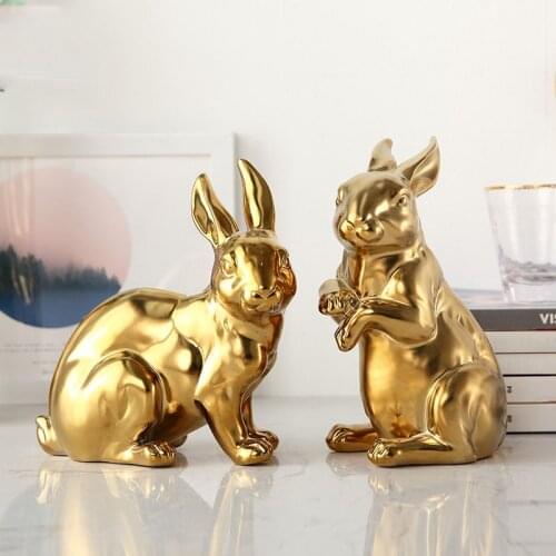 Modern Plating Golden Pink Rabbit Ceramic Statue Home Decor Craft Room Decoration Objects Office Porcelain Art Figurines