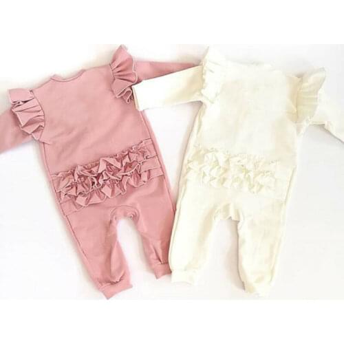 Autumn Winter Infant Kids Baby Girls Rompers Ruffles Solid Button Long Sleeve Jumpsuits Clothes 2 Colors 0-18M