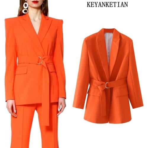 KEYANKETIAN ZA Womens Fashion Orange Belt Belt Ladies Suit Jacket Retro Long Sleeve Pocket Female Jacket Chic