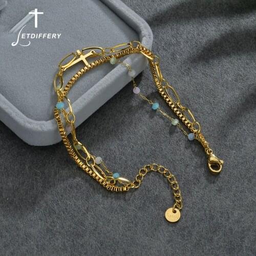 Letdiffery Vintage 3-Layers Beads Bracelets Stainless Steel Cross Jewelry Birthday Gifts for Women