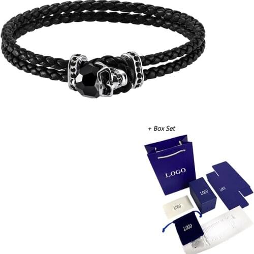 Fashion Jewelry SWA New Skull Double Braided Leather MenS Bracelet Black Skull Decoration Crystal Boy Handsome Romantic Jewelry
