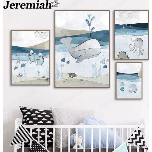 Cartoon Sea Animal Canvas Painting Whale Dolphin Blue Poster Wall Art Nordic Childrens Room Living Room Decoration Gift