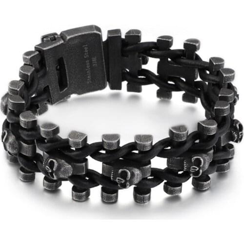 Retro Black Stainless Steel Skull Mens Bracelet For Men Punk Rock Biker Chain Leather Skeleton Bracelets Hip-hop Jewelry