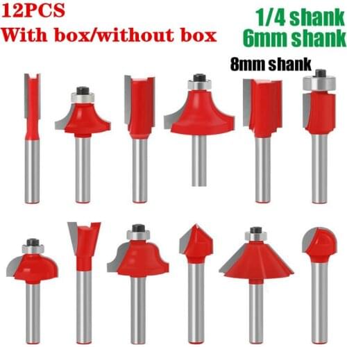12pcs/set 6mm Shank Professional Flush Trim Wood Router Bit Set Tungsten Woodworking Carving Engraving Trimming Cutting Tool