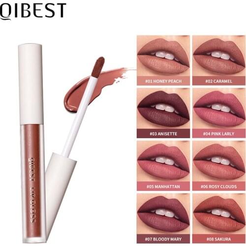 QIBEST Natural Lip Gloss Long Lasting Moisturizing Lip Glaze No Fading Non-stick Velvet Matte 8 Colors Lip Makeup TSLM1