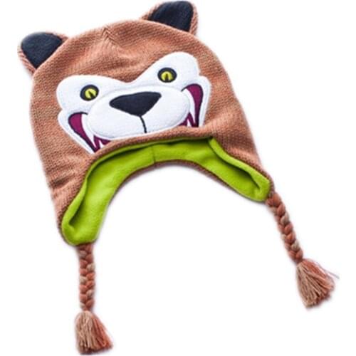 Cartoon Bear Grizzly wool Cotton knitting winter Warm thick plush hats kid baby Animals Soft Cosplay Caps Fleece Lining Beanies