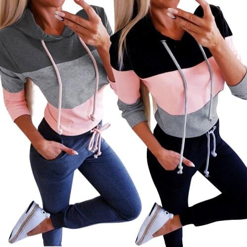 New Fashion Women Black Pink Grey Patchwork Hoodies Sweatshirt Girls Casual Polyester Hooded Clothes Tops