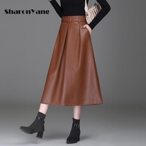 Autumn Winter Faux PU Leather Mid-long Skirts with Belt High Waist Elegant Lady A-line Pocket Chic Umbrella Skirts Plus Size