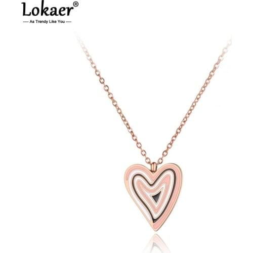 Lokaer Titanium Steel White/Black/Pink Glaze Heart Pendant Necklaces Jewelry Rose Gold Choker Necklace For Christmas Gift N19098
