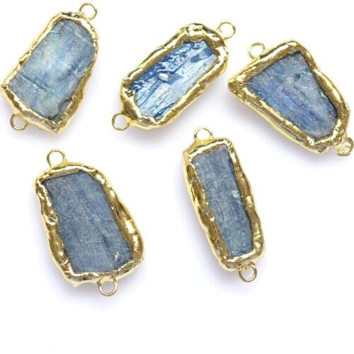 Blue kyanite rectangle connector pendant with gold electroplated edges