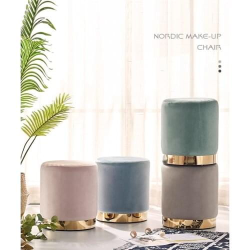 Nordic Light Luxury Velvet Round Stool Hong Kong Style Bedroom Make-up Stool Princess Dressing Table Stool Metal Net Red Stool