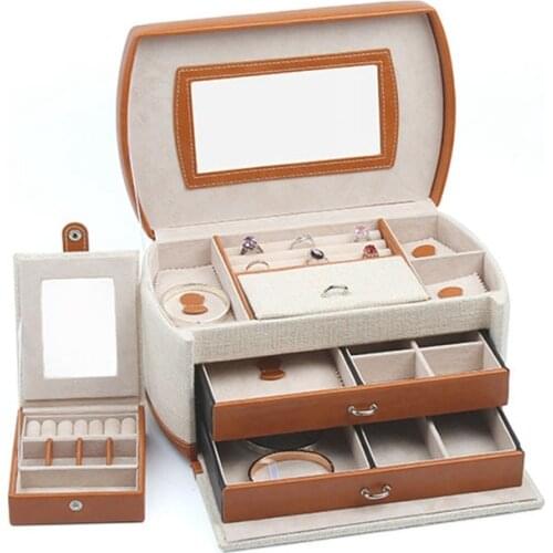 New High Capacity Jewelry Box linen PU Leather Necklace Earrings Rings Bracelets Jewellery Boxes Storage Portable Case Casket