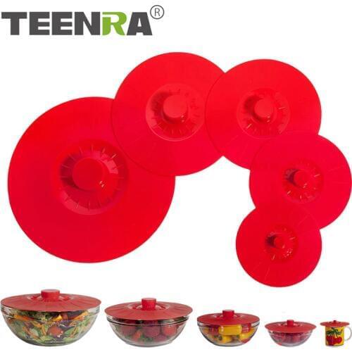 TEENRA 5Pcs/set Silicone Spill Stopper Pot Lids Silicone Suction Lid Bowl Cover Food Saver Silicone Food Cover Kitchen Tools