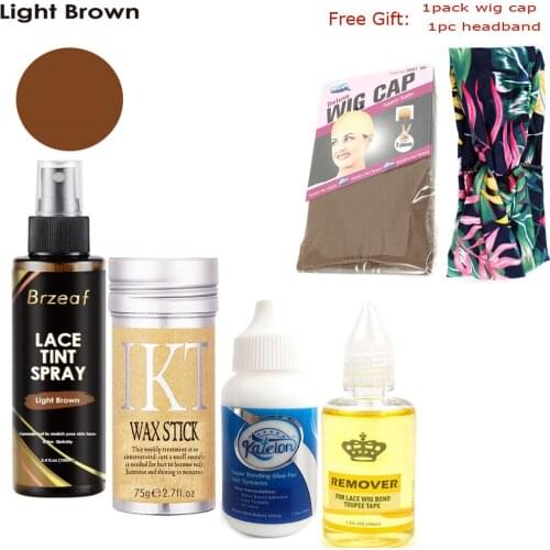 100ml Lace Tint Spray +38ML Lace wig glue +30ML remover+75g WaxStick handband cap gift for Different Skin make lace Wigs natural
