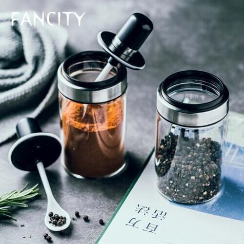 FANCITY Creative glass seasoning bottle with spoon sealed pepper shaker salt shaker condiment bottle jar household Japanese kitc