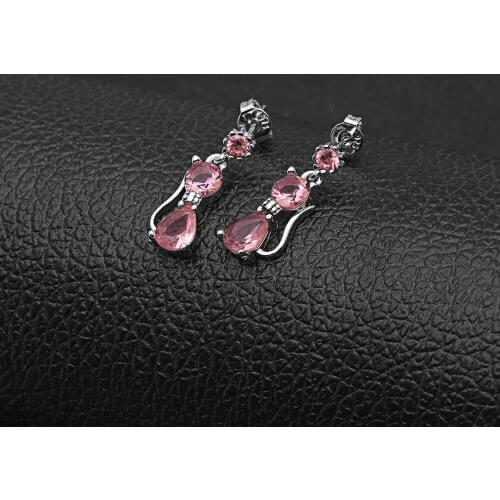 UFOORO Beautiful Pink Round Zirconia Cute Cat Style Drop Design Stud Earrings Silver Fashion Womens Earring Custom Jewelry