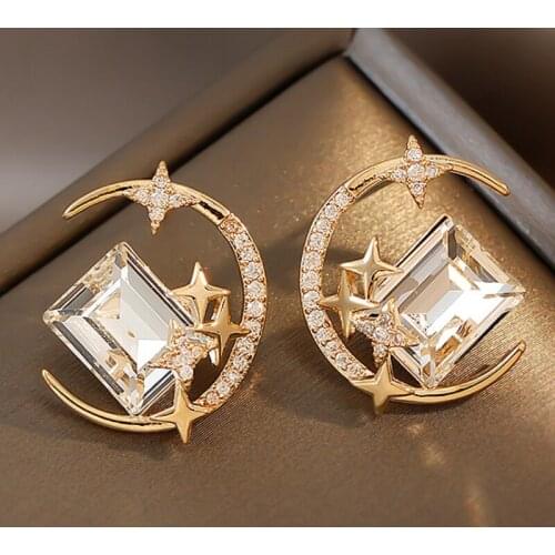 VSnow Korean Fashion Shining Moon Star Dangle Earring for Women Girls Square Geometrical Rhinestone Gold Metal Earring Jewelry