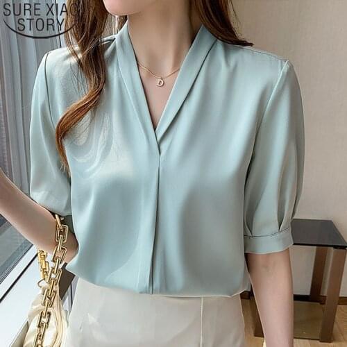 2021 Summer White Blouse Woman Korean New Short-sleeved Satin Shirt Loose V-neck Temperament French Style Fashion Clothes 14344