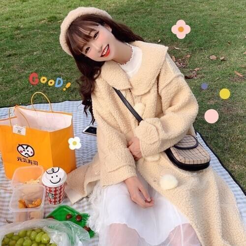2020 new sweet doll collar loose wild imitation lamb wool college style long wool ball buckle jacket women autumn and winter
