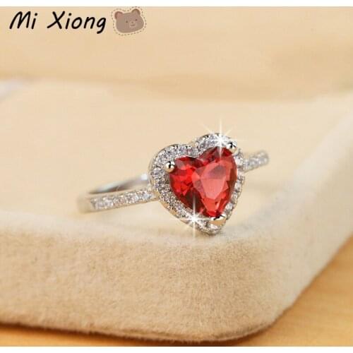Mi Xiong S925 Sterling Silver Heart-shaped Diamond Red Crystal Woman Rings Exquisite Luxury Engagement Anniversary Brand Jewelry