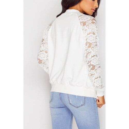 Lace Sleeve Women Basic Coats Long Sleeve Lace Patchwork Transparent Zipper Casual Slim Jacket Coat Bomber Jacket Outwear
