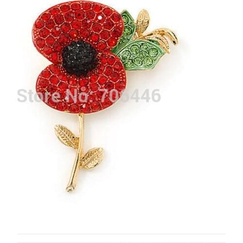 2" RBL Royal British Legion brooch Red Diamante Crystal Poppy Flower Brooch Pins