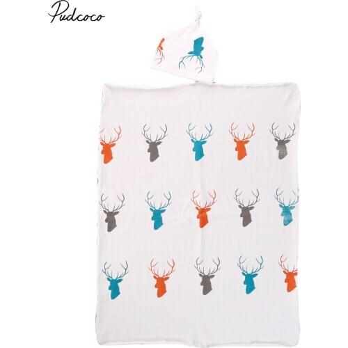Helen115 Lovely Newborn Baby Boy Girl Deer Printed Swaddle Blanket Cotton Bath Towel+hat 2pcs Set