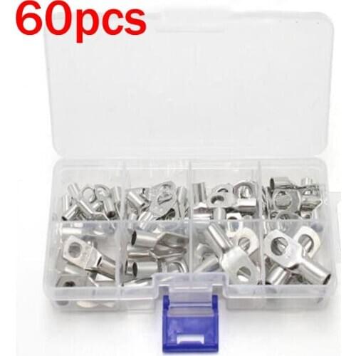 60PCS Ring Lug Terminal With Box Tinned Bare Copper Crimp Terminals For Battery Cable Electrical Wire Ring Connectors Lug Kit