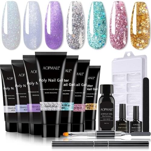 AOPMALL® 7 Color Pink Glitter Poly Nail Gel 13 Pcs Starter Nail Kit Extend Fast UV Builder Gel Slip Solution Nail Form Nail Art