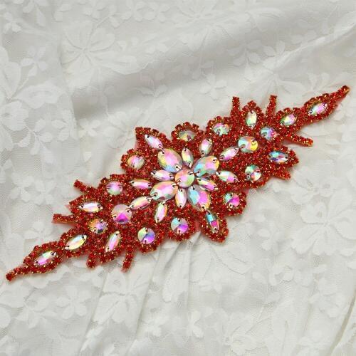9.25x3.5cm Red crystal stones appliques iron patch for women evening dress belt rhinestone wedding applique patches strass
