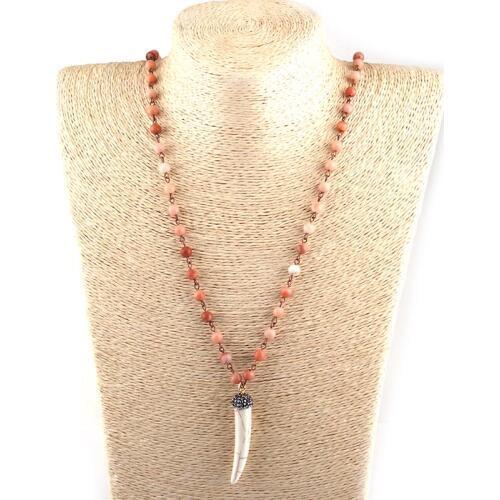 Free Shipping Fashion Bohemian Tribal Jewelry 6mm Semi Precious Stones Rosary Chain Ox Horn Pendant Necklace