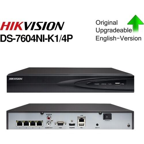 Hikvision Original DS-7604NI-K1/4P 4CH POE Embedded Plug Play 4K PoE NVR for IP Camera CCTV System Upgradable HDD Selectable