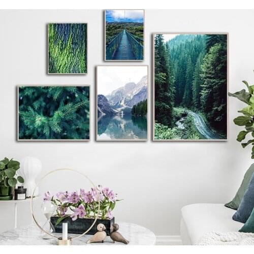 Mountain Lake Forest Bridge Landscape Picture Poster Scenery Nature Canvas Wall Art Print Painting White Border Reserved