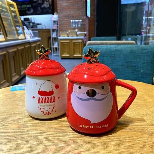 New Style Santa Claus Ceramic Mug Christmas Mug With Lid And Spoon Coffee Tea Milk Cup Christmas Gift For Friend Couple Mugs