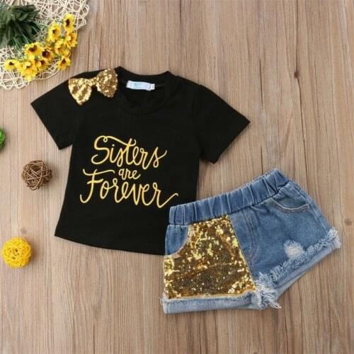 Girls Children Clothing Kids Short Sleeve Letter Print Bow Shoulder T-Shirts Tops Denim Sequins Shorts 2pcs Outfits Set Clothes