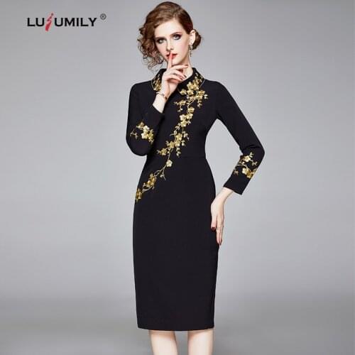 Lusumily Spring Embroidery Dress Women Elegant Female Office Pencil Robe Lady Retro Vintage Designer Vestidos Party Dresses