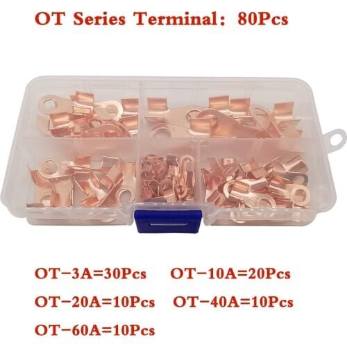 1Set/80Pcs OT Terminal OT-3/10/20/40/60A Terminal Splice Wire Dia Copper O Shape Circular Naked Battery Cable Open Lug Connector