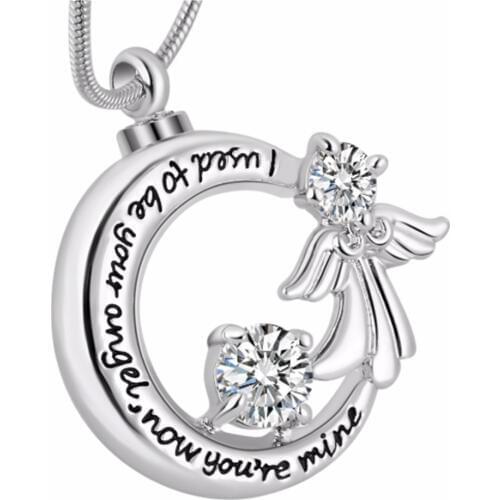 Memorial Necklace for Urn, I Used to Be Your Angel Now You're Mine Locket Angel Wing Cremation Ashes Heart Jewelry Keepsake