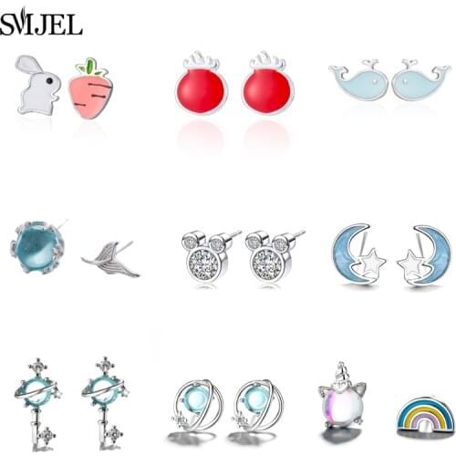 SMJEL Cute Cartoon Animal Earrings Women Girls Brincos Charming Lovely Unicorn Mermaid Tail Cat Piercing Stud Earring BrIncos