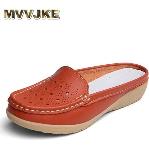MVVJKE Summer Womens Shoes Genuine Leather Loafers Women Loafers Cutouts Closed Toe Flats Sandals Slippers Casual Woman Shoes