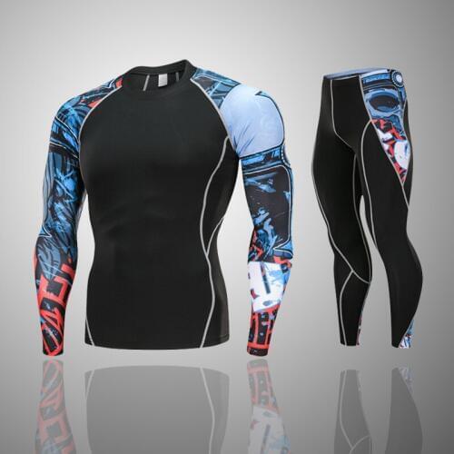 New Dry Fit Compression Tracksuit Fitness Tight Running Set T-shirt Legging Mens Sportswear Demix Black Gym Sport Suit