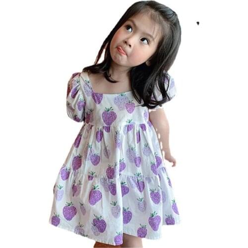 3T-8T Girls Dress Purple Strawberry Short Sleeves Princess Dress Kids Summer Party Casual Dress Gift SA2192