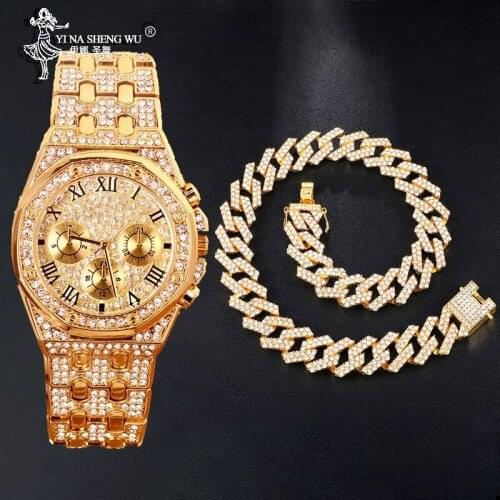 Hip Hop Necklaces & Watch Combite Set Gold Color Heavy Full Iced Out Paved Rhinestones Cuban Chain CZ Bling Men Rapper Jewelry