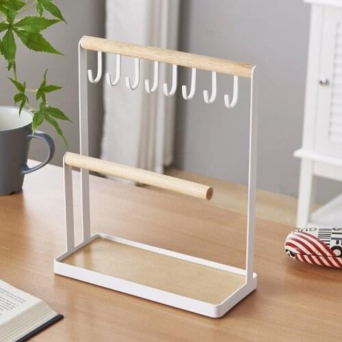 Jewelry Display Stand Holder with Wooden Ring Tray and Hooks Storage Necklaces Bracelets, Rings, Watches