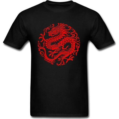 Fitted T-shirt Men Tops Traditional Red T Shirt Chinese Dragon Circle Tshirts Print Clothes Summer Round Collar 100% Cotton Tees