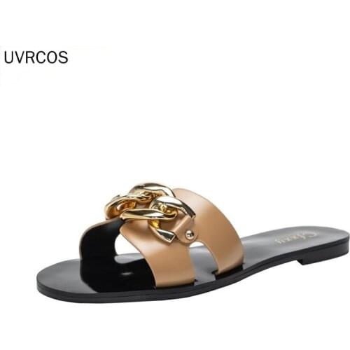 New Ladies Slippers 2021 Summer Slides Fashion Black Metal Chain Decorated Flat Round Toe Women Slides Female Beach Shoes